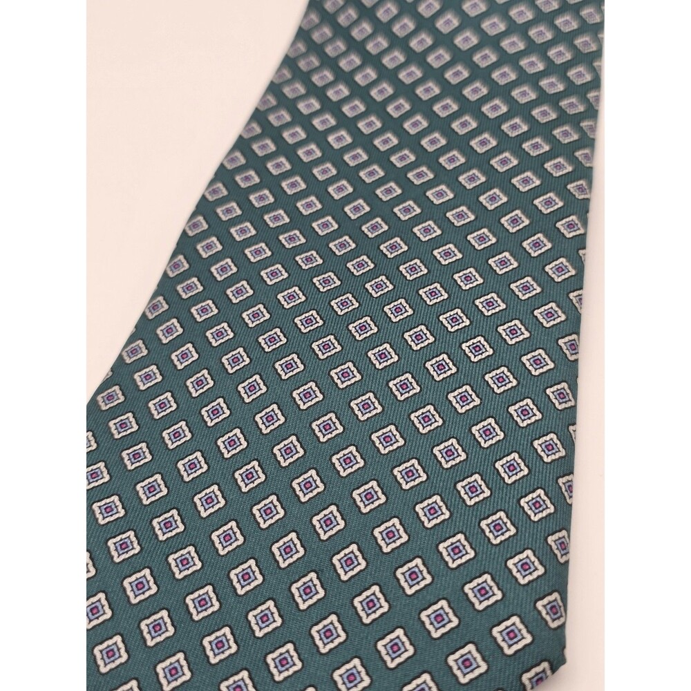 VTG Oakton Ltd Silk Tie Mens Green Diamond Geometric Made in USA Italian Fabric